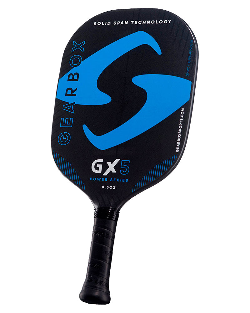 Black and blue Pickleballist GX5 pickleball paddle featuring a large "G" logo and text indicating its "Control and Power series" and "solid span technology.