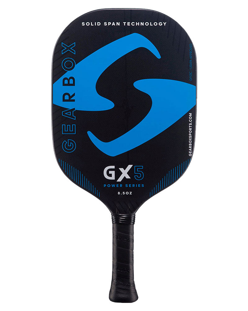 Black and blue Pickleballist GX5 Pickleball Paddle featuring a prominent gearbox logo and "solid span technology" text.