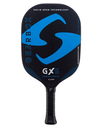 Black and blue Pickleballist GX5 Pickleball Paddle featuring a prominent gearbox logo and "solid span technology" text.