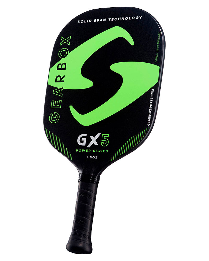 Black and green Pickleballist Gearbox GX5 pickleball paddle with solid span technology, displayed against a white background.