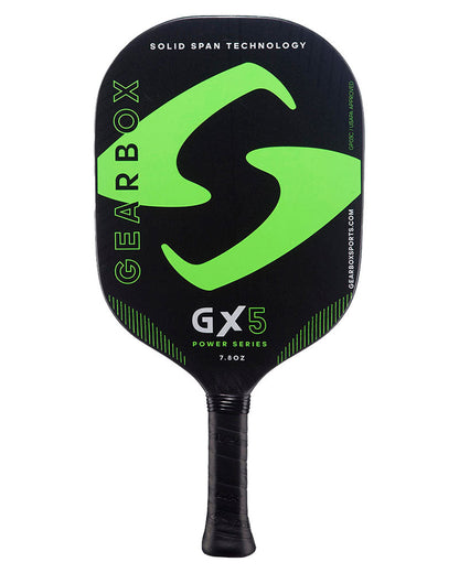 Black and green Pickleballist GX5 pickleball paddle featuring "solid span technology" with "Control and Power" series text, weighing 7.8 oz.