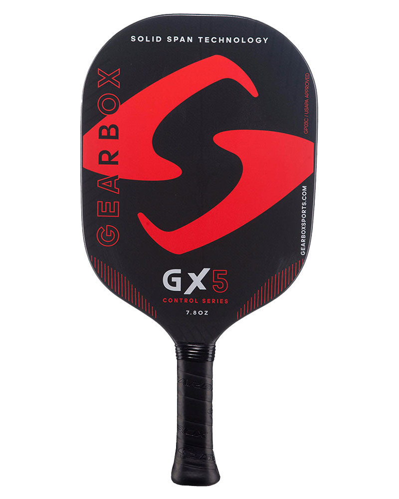 Black and red Pickleballist GX5 pickleball paddle with the logo displayed prominently and labeled "Solid Span Technology, Control Series, 7.5 oz.