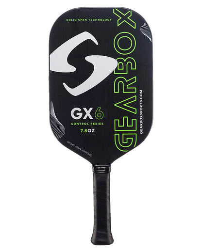 A black and green Pickleballist GX6 pickleball paddle featuring a large white logo and text, highlighting its weight of 7.8 ounces.