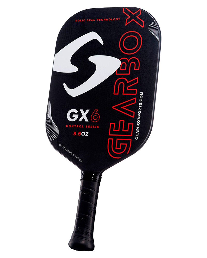A Pickleballist Gearbox GX6 pickleball paddle featuring a red and black design with the brand name and logo prominently displayed.