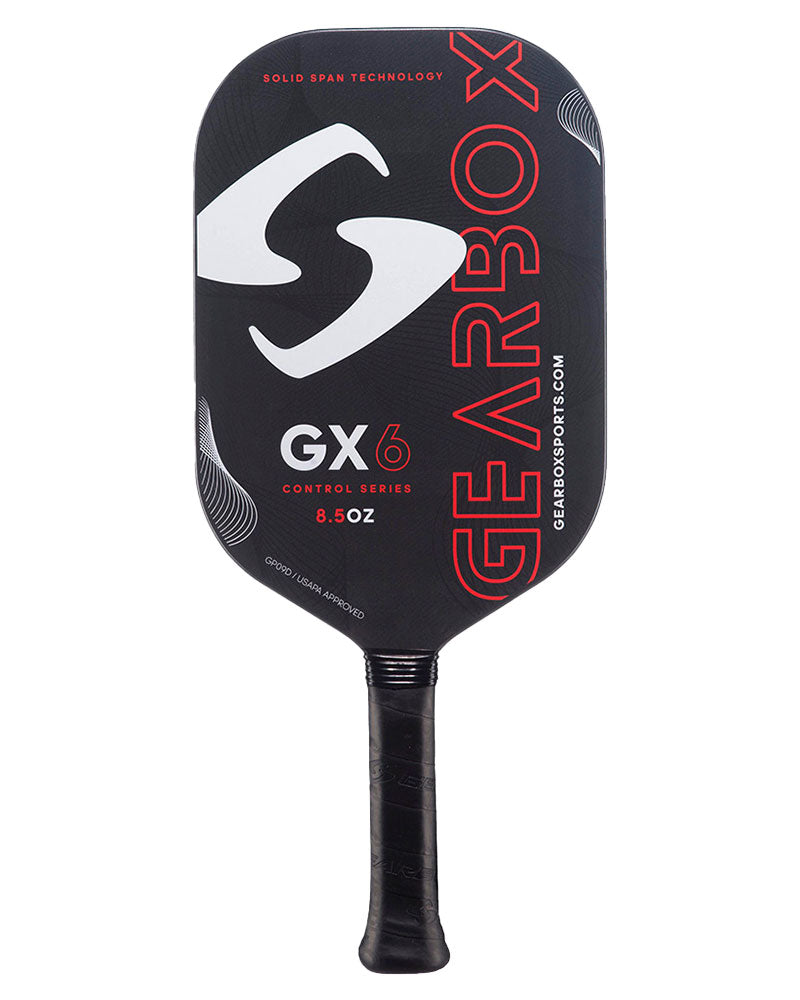 Black and red Pickleballist GX6 pickleball paddle featuring a large white "g" logo and text detailing its weight and Solid Span Technology.