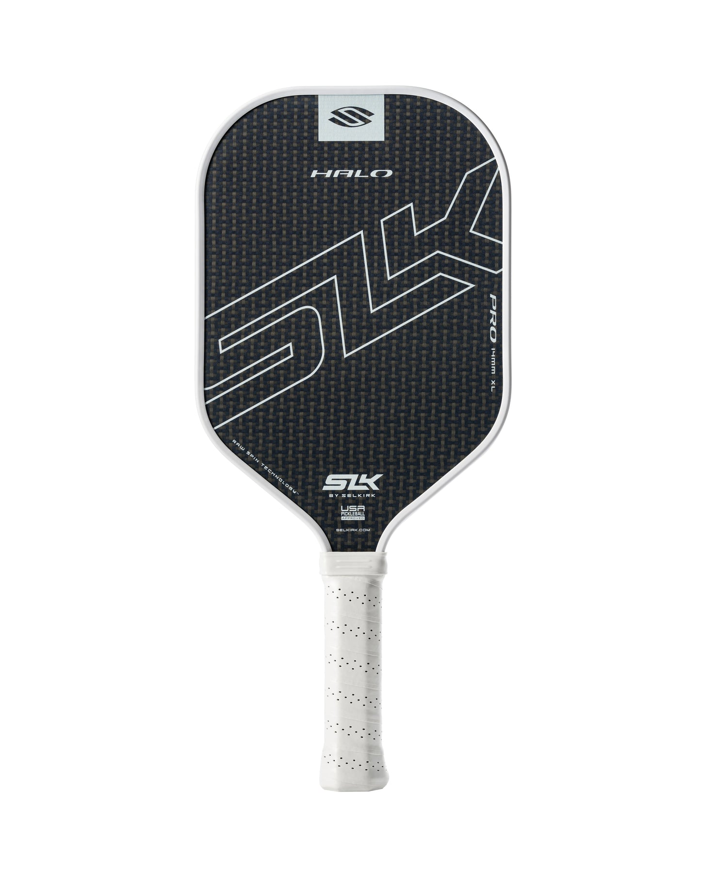 The Selkirk SLK HALO Pro XL 14mm Pickleball Paddle features a striking black and white design with "SLK" and "Halo" prominently displayed on its surface, along with a white handle that boasts a perforated design.