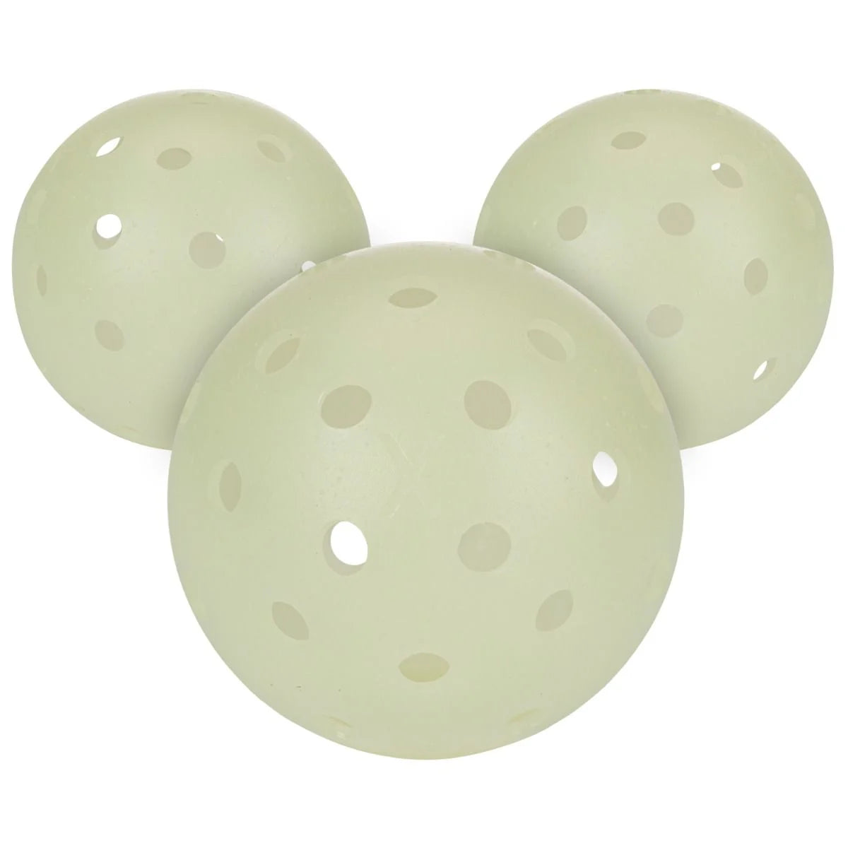 A set of three Franklin X-40 Glow-In-The-Dark Pickleball Balls with dots on them.