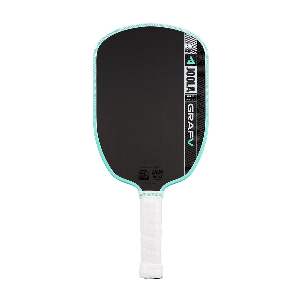 The JOOLA Graf Pro V 16mm Steffi Graf Seaside Green Pickleball Paddle, featuring a carbon fiber build, seaside green trim, and a white grip, is displayed upright against a white background.