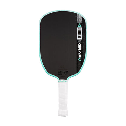 The JOOLA Graf Pro V 16mm Steffi Graf Seaside Green Pickleball Paddle, featuring a carbon fiber build, seaside green trim, and a white grip, is displayed upright against a white background.