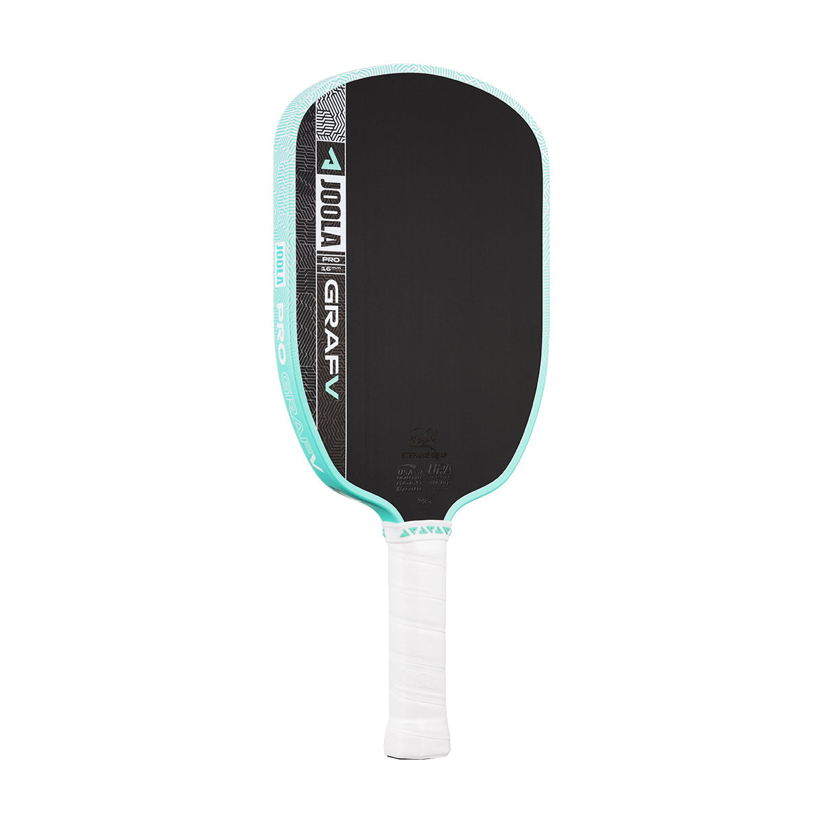 The JOOLA Graf Pro V 16mm Steffi Graf Seaside Green Pickleball Paddle features a carbon fiber build, a white handle, and displays JOOLA and GRAF on the face for pro-level performance.