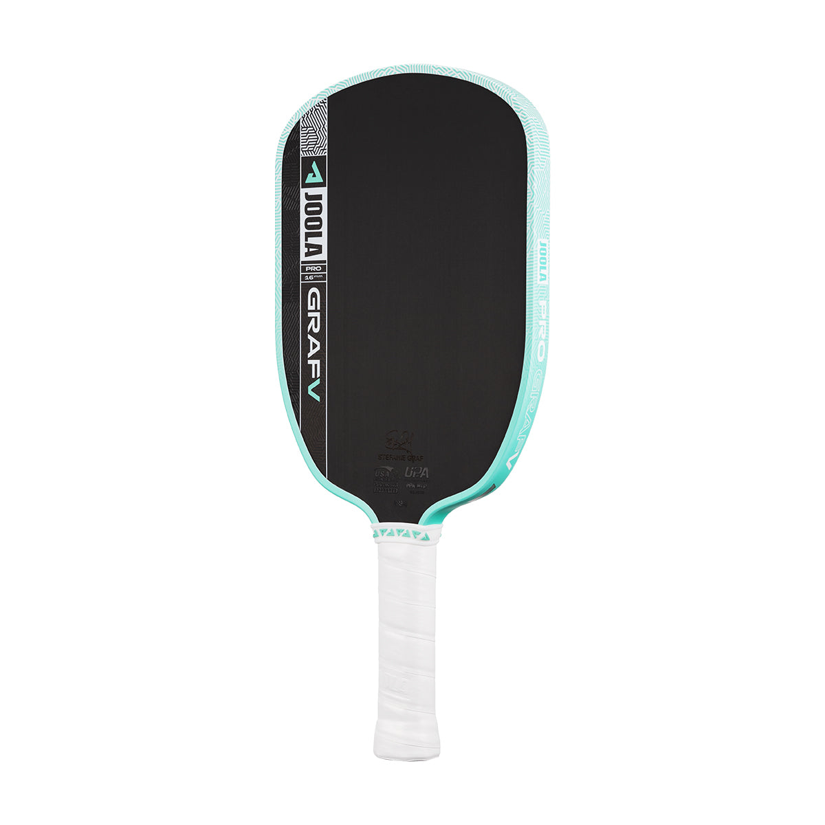 The JOOLA Graf Pro V 16mm Steffi Graf Seaside Green Pickleball Paddle features a black carbon fiber face with teal edges and a white grip, displaying "JOOLA" and "GRAVITY" on the front, designed for professional-level play.