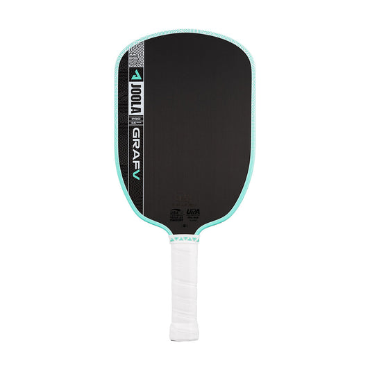 The JOOLA Graf Pro V 16mm Steffi Graf Seaside Green Pickleball Paddle features a carbon fiber face, turquoise edge trim, and white handle for pro-level performance, shown against a plain white background.