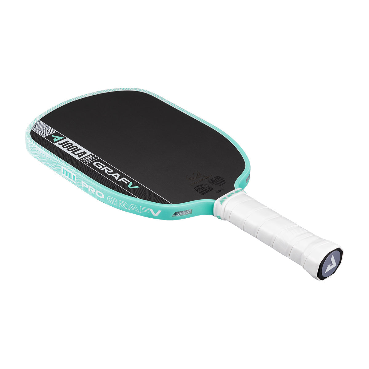 A JOOLA Graf Pro V 16mm Steffi Graf Seaside Green pickleball paddle with a white grip, crafted with carbon fiber for pro-level performance, is shown on a white background.
