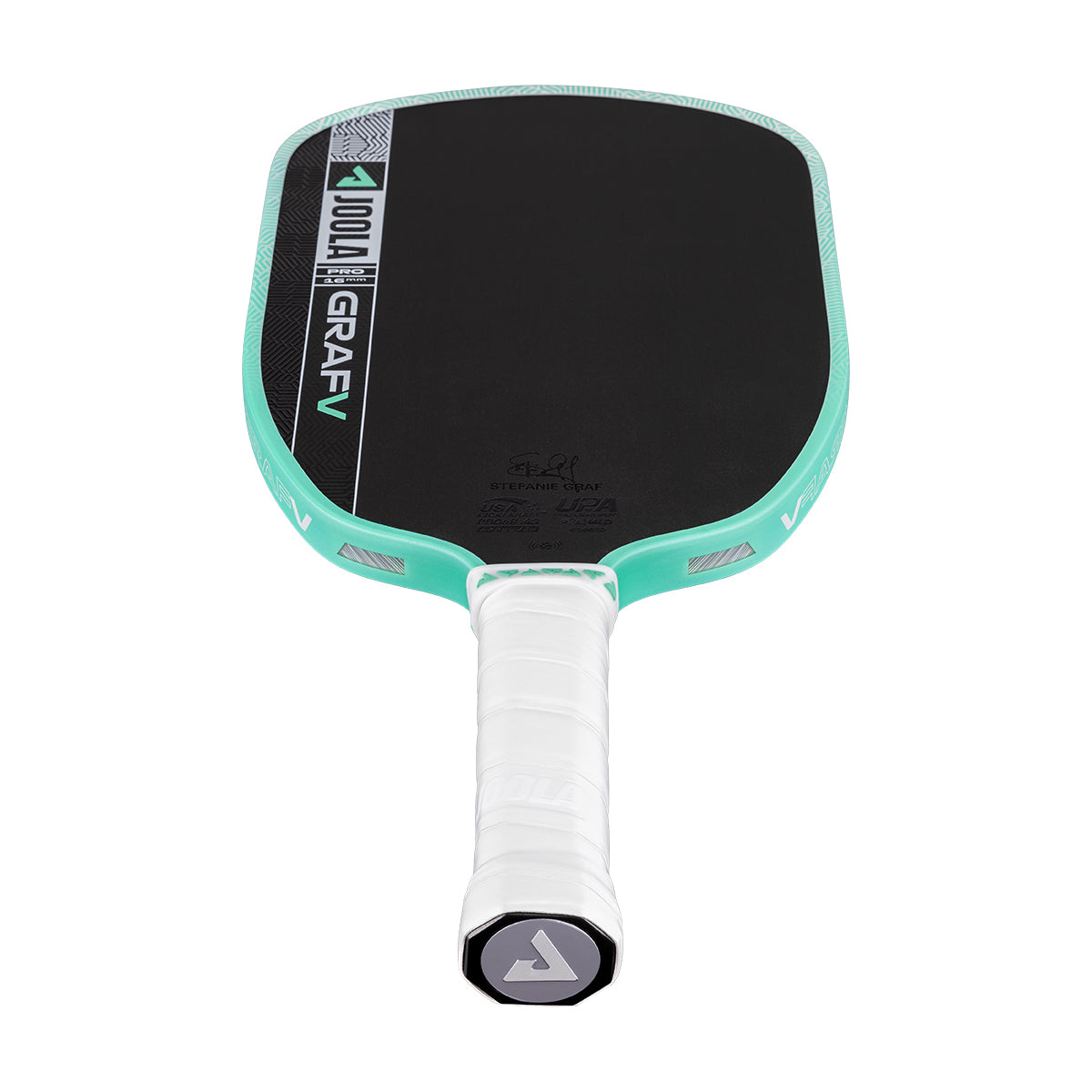 A JOOLA Graf Pro V 16mm Steffi Graf Seaside Green pickleball paddle, featuring black and teal colors with a white grip and branding, crafted from carbon fiber for pro-level play, shown from the front.