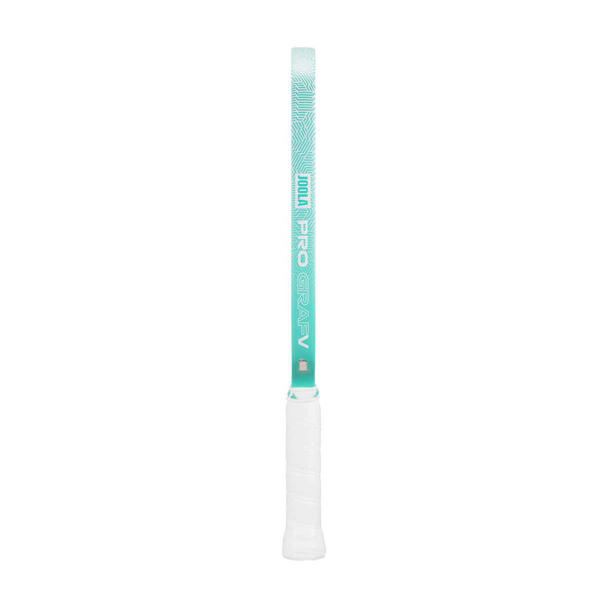 A seaside green and white JOOLA Graf Pro V 16mm Steffi Graf Pickleball Paddle stands upright against a plain white background, showing the handle and part of the shaft with "GRAF PRO" text—emphasizing its pro-level performance.