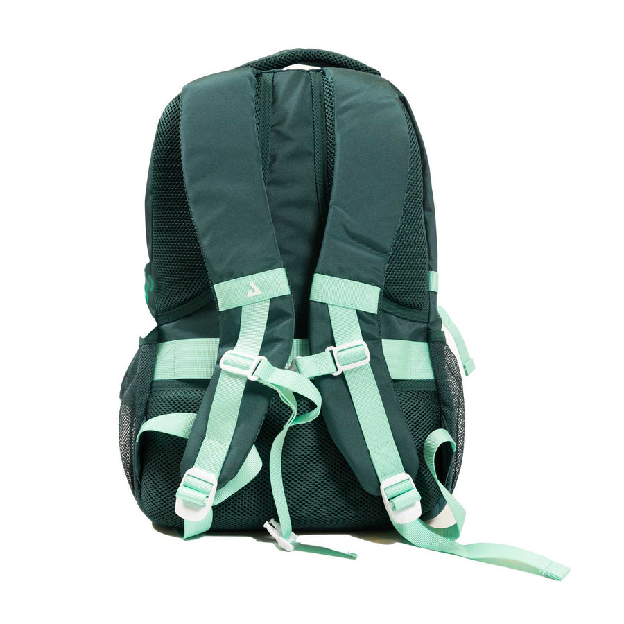The JOOLA Utility Backpack features a dark green design with light green adjustable shoulder straps and mesh side pockets, shown from the back. Ideal for carrying all your pickleball gear. Brand: JOOLA.