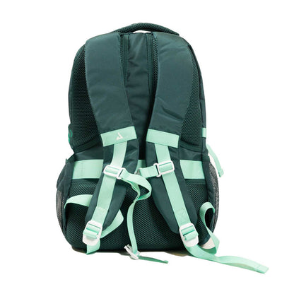 The JOOLA Utility Backpack features a dark green design with light green adjustable shoulder straps and mesh side pockets, shown from the back. Ideal for carrying all your pickleball gear. Brand: JOOLA.