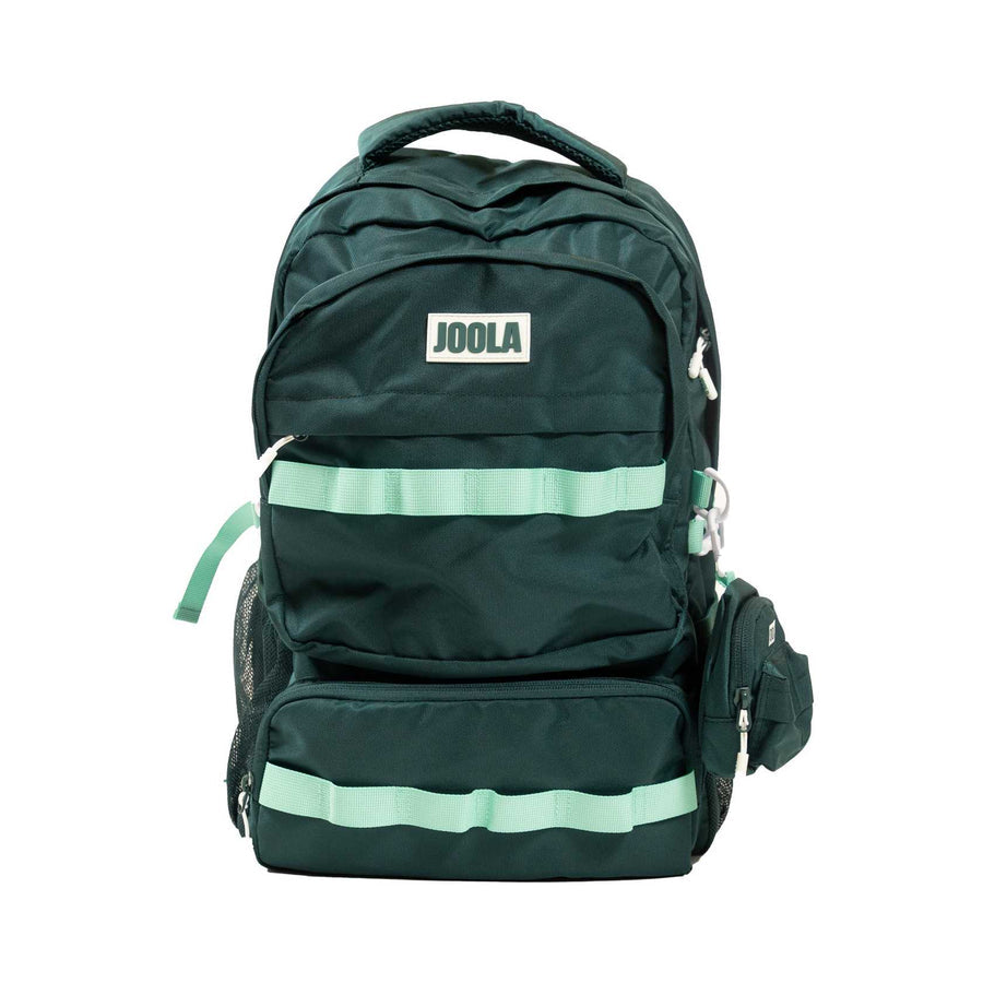 The JOOLA Utility Backpack, in dark green with light green accents, features multiple compartments, a front pocket, side pocket, and top handle. This versatile JOOLA backpack is shown against a white background.