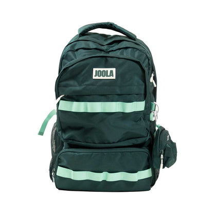 The JOOLA Utility Backpack, in dark green with light green accents, features multiple compartments, a front pocket, side pocket, and top handle. This versatile JOOLA backpack is shown against a white background.