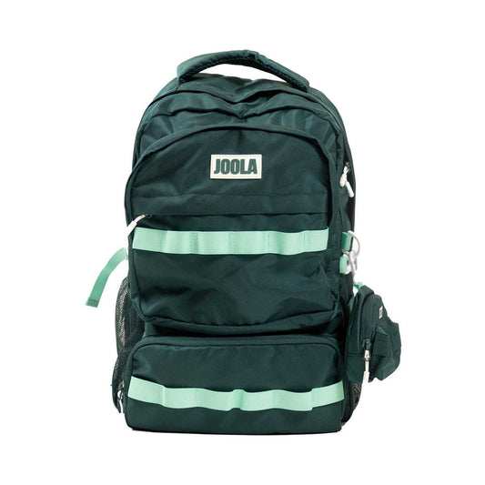 The JOOLA Utility Backpack, in dark green with light green accents, features multiple compartments, a front pocket, side pocket, and top handle. This versatile JOOLA backpack is shown against a white background.