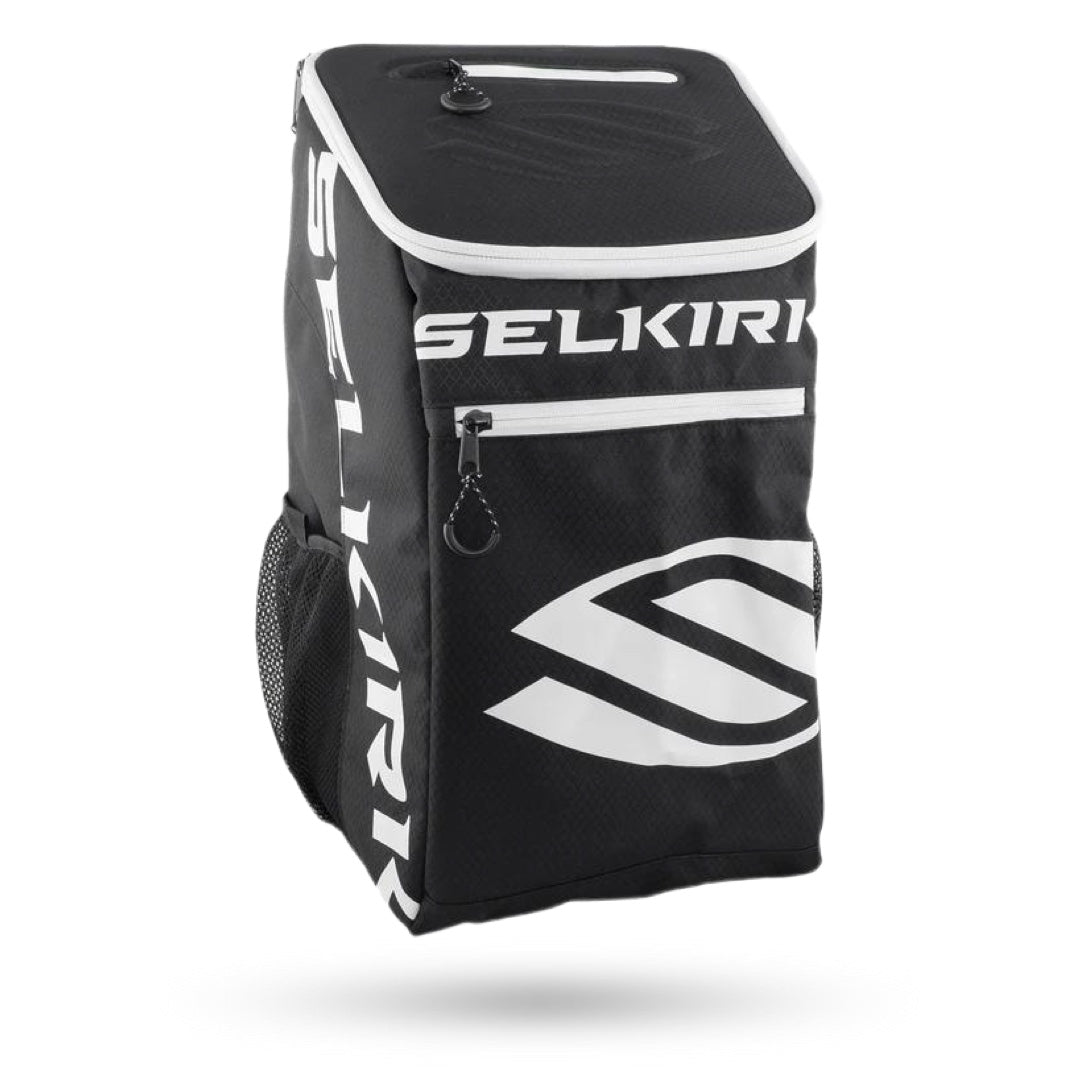 A Pickleballist brand Selkirk Team Backpack (2021) pickleball bag with a prominent logo, featuring a zipper closure and side mesh pocket, displayed against a white background.