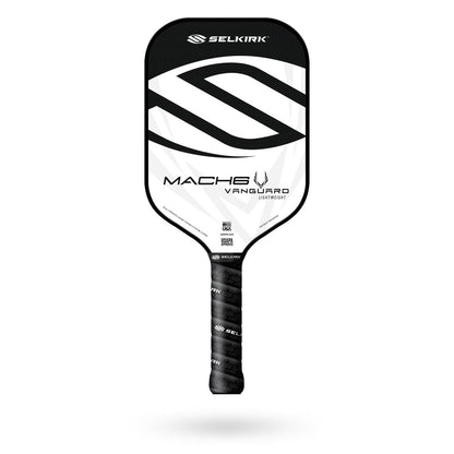 Image of a Selkirk Vanguard Mach6 Pickleball Paddle with a black handle and a white face featuring a large black "S" logo, perfect for tennis players transitioning to pickleball or mastering the two-handed backhand.