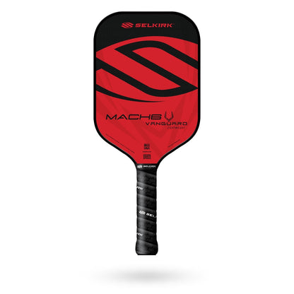 A red and black Selkirk Vanguard Mach6 Pickleball Paddle, perfect for tennis players transitioning to the game, features a wrapped handle and a prominent "S" logo in the center. Ideal for executing powerful two-handed backhands.