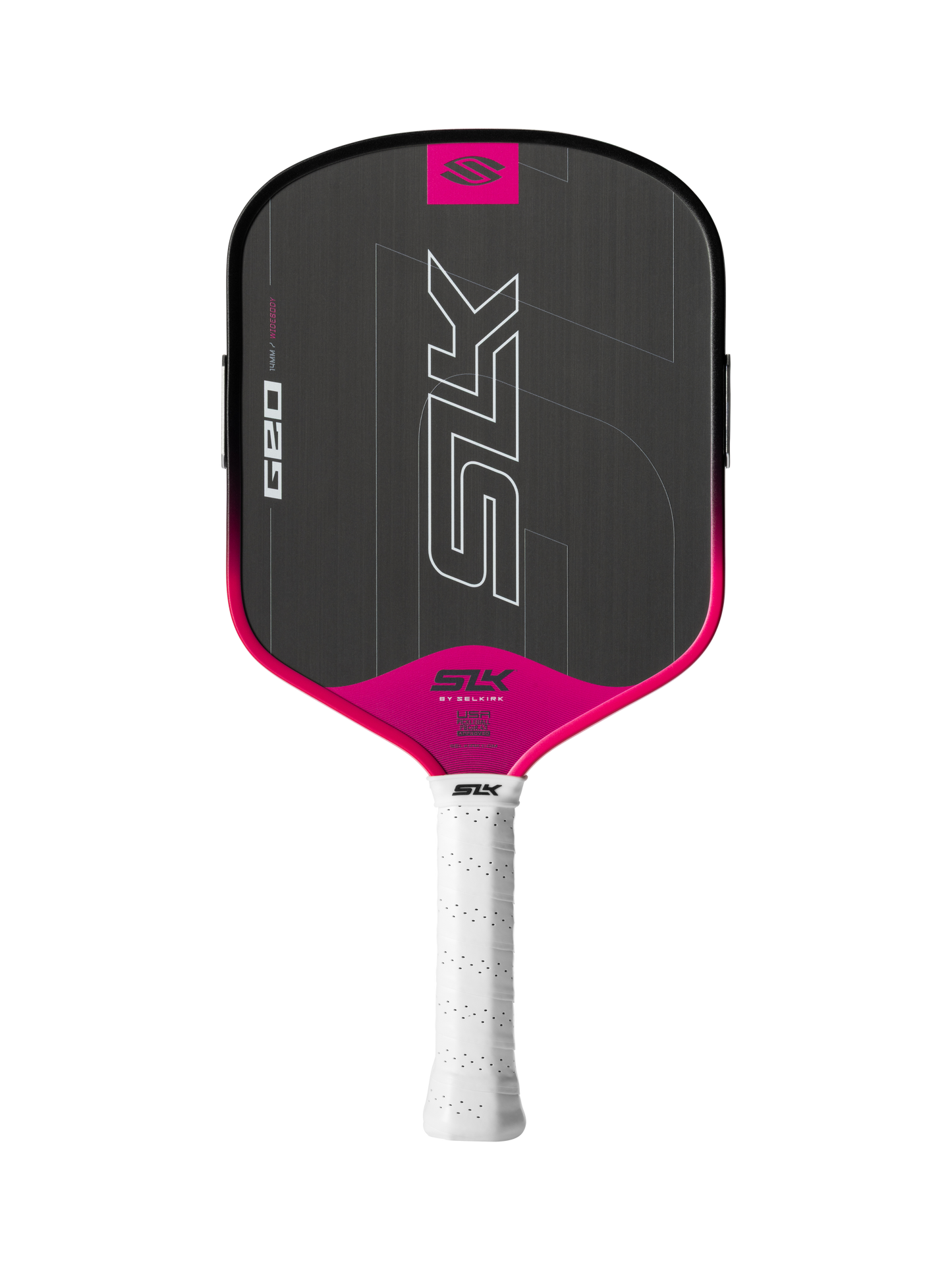 The Selkirk SLK GEO Widebody 14mm Pickleball Paddle is black and pink with a white grip, features a widebody design, and displays "SLK" and "GEO" on the paddle face.