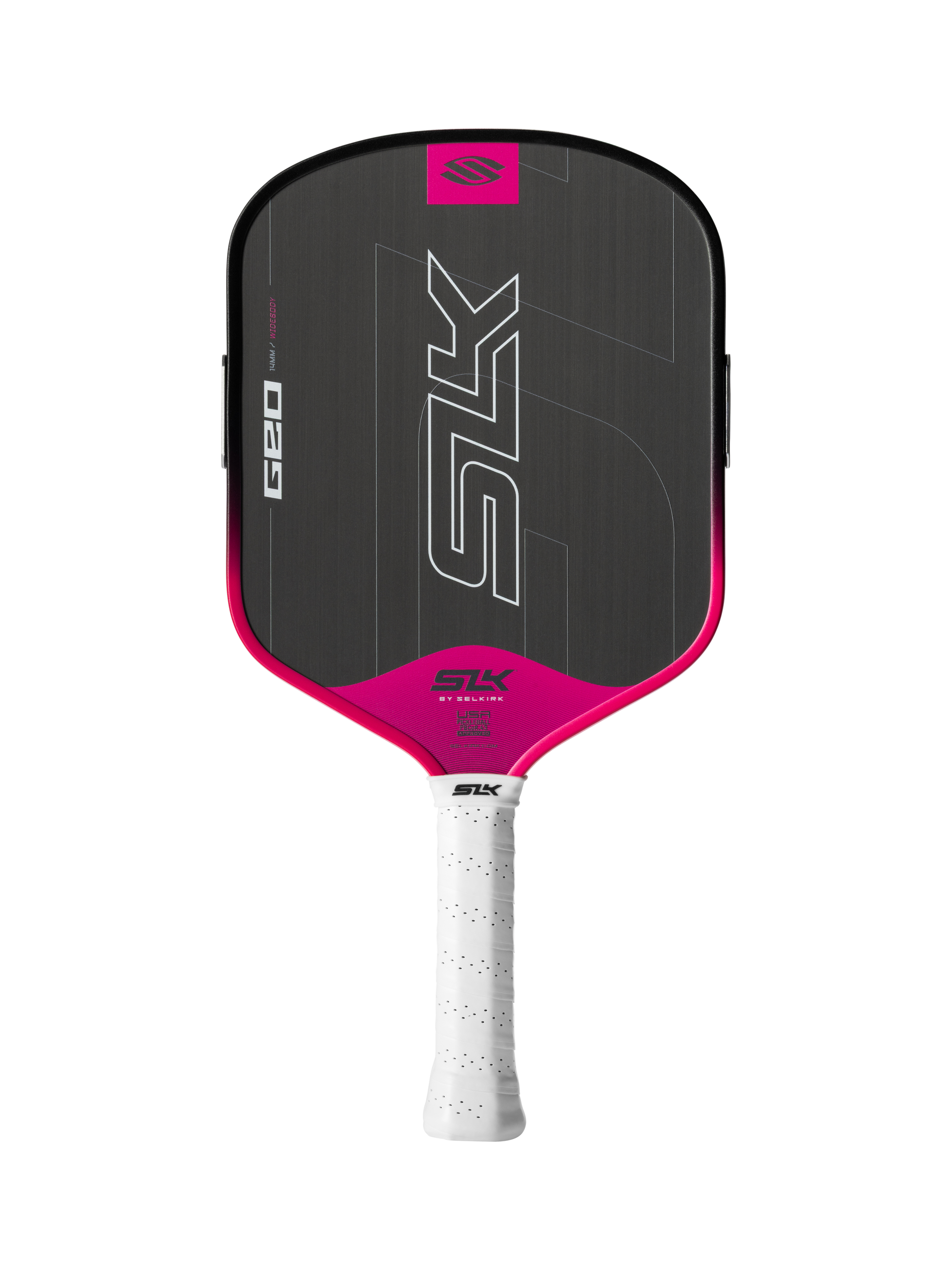 The Selkirk SLK GEO Widebody 14mm Pickleball Paddle features a black and pink design, white grip, "SLK" logo and "GEO" branding on the face, with a widebody shape and 14mm thickness for enhanced performance.