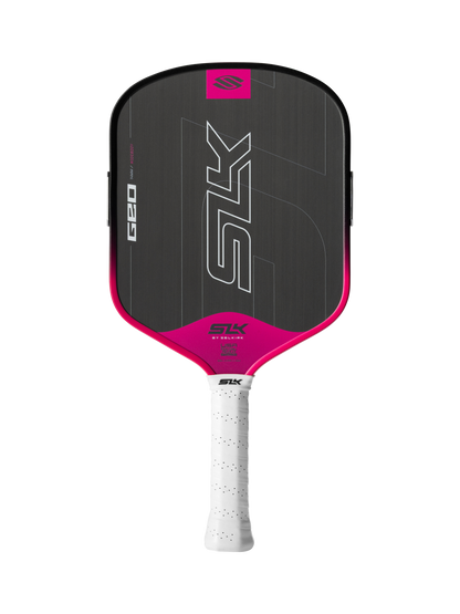 The Selkirk SLK GEO Widebody 14mm Pickleball Paddle features a black and pink design, white grip, "SLK" logo and "GEO" branding on the face, with a widebody shape and 14mm thickness for enhanced performance.