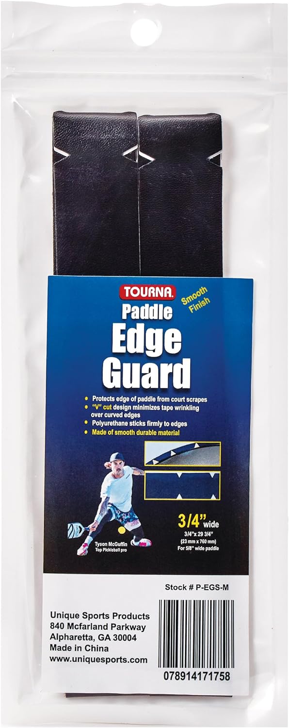 Packaged Tourna Pickleball Paddle Edge Guard (Smooth Material) for badminton or pickleball paddles, featuring smooth finish protection against scrapes and grip enhancement. Product dimensions: 3/4" width, 15" length.