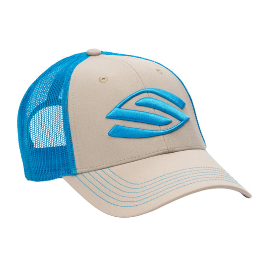 The Selkirk Amped Trucker Pickleball Hat is a beige baseball cap with a blue mesh back and blue embroidery featuring a stylized "S" logo on the front.