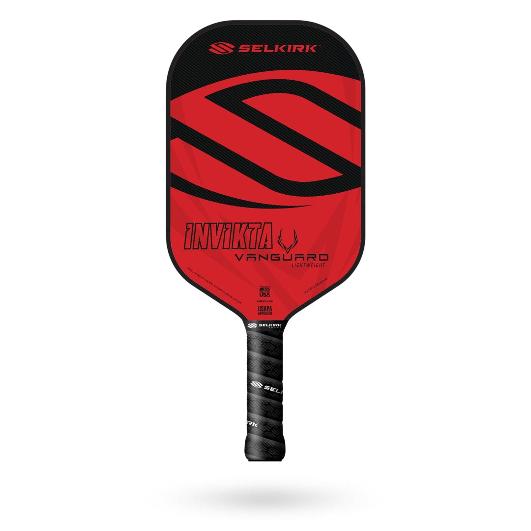 A red and black Selkirk Vanguard Invikta Pickleball Paddle on a white background.