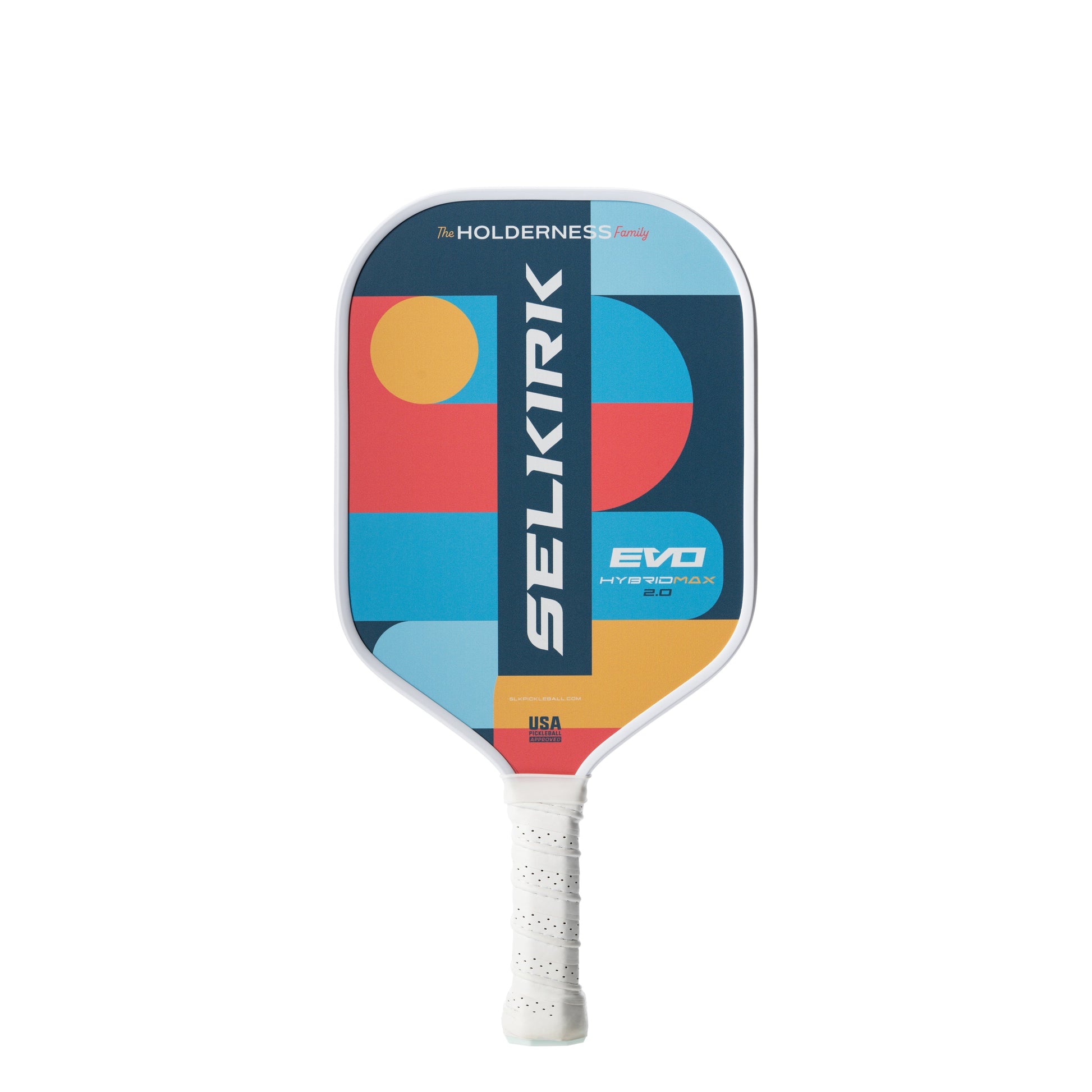 Selkirk SLK Evo 2.0 Max Widebody Pickleball Paddle with a white handle and a geometric, multicolored face design featuring the Selkirk brand name and product details.