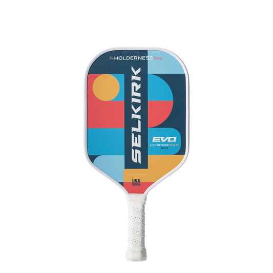 Selkirk SLK Evo 2.0 Max Widebody Pickleball Paddle with a white handle and a geometric, multicolored face design featuring the Selkirk brand name and product details.