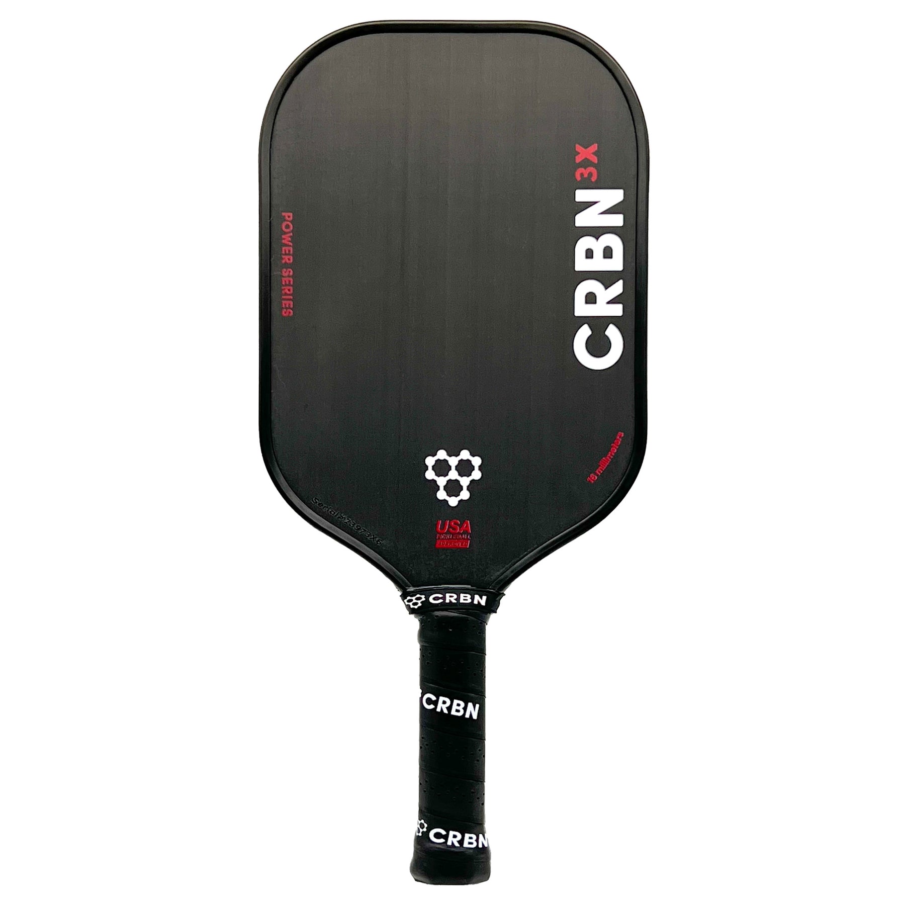 A black pickleball paddle with "CRBN 3x - 14mm Pickleball Paddle" written on it and a black handle wrapped with a black grip tape that has "CRBN" written on it in white by CRBN.