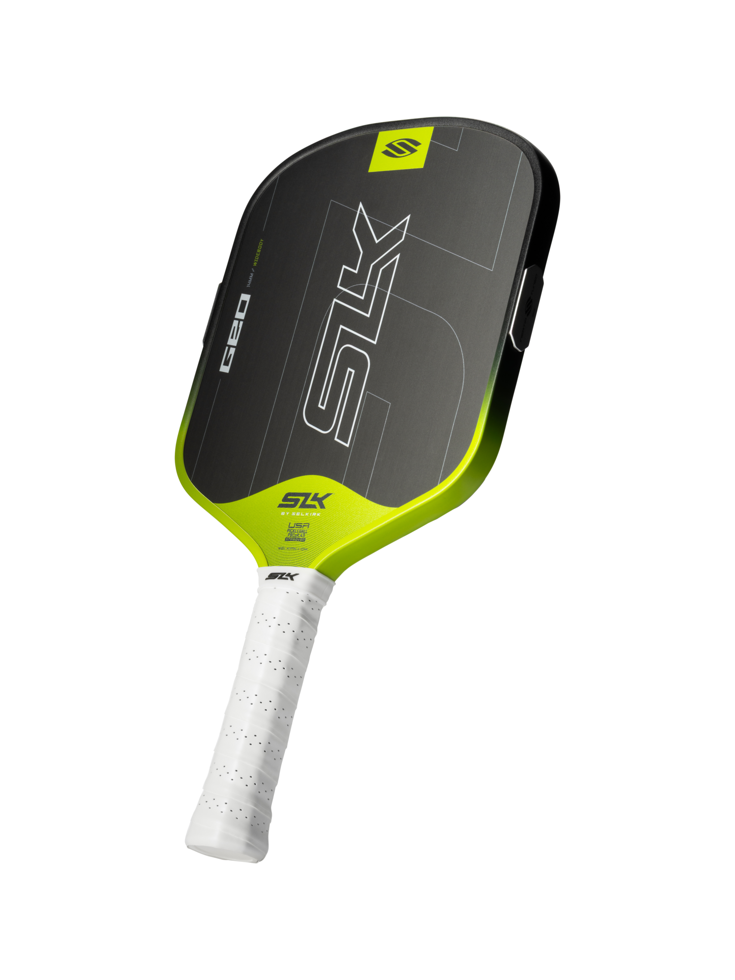 The Selkirk SLK GEO Widebody 14mm Pickleball Paddle features a black and lime green design, a white perforated grip, the SLK logo on the face, and is made by Selkirk.