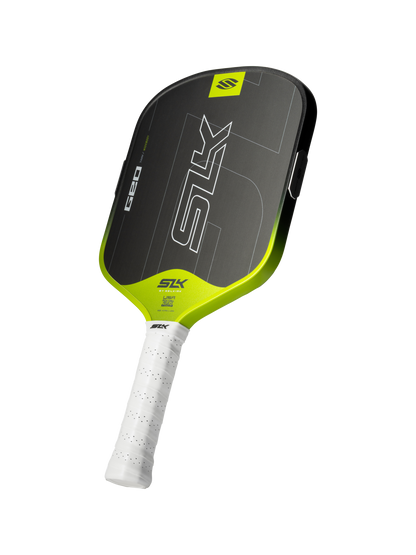 The Selkirk SLK GEO Widebody 14mm Pickleball Paddle features a black and lime green design, a white perforated grip, the SLK logo on the face, and is made by Selkirk.