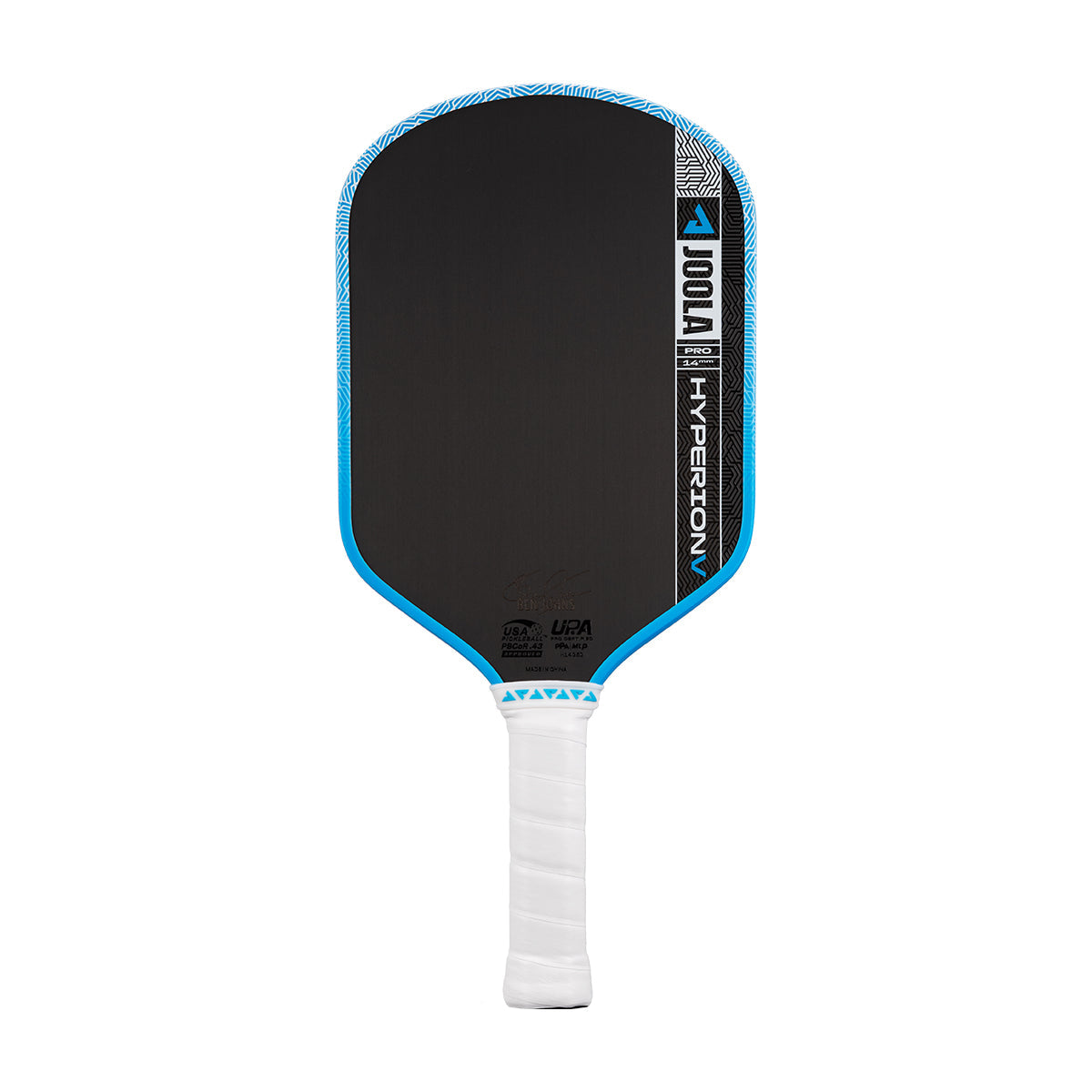 The JOOLA Hyperion Pro V 14mm Ben Johns Bolt Blue Pickleball Paddle features a black face with blue trim, a white handle, and "JOOLA Hyperion V" branding, engineered for pro-level performance.