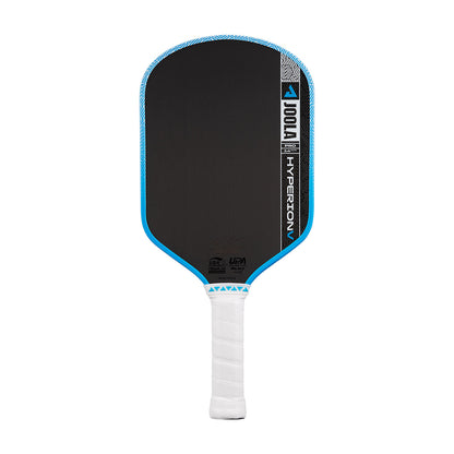 The JOOLA Hyperion Pro V 14mm Ben Johns Bolt Blue Pickleball Paddle features a black face with blue trim, a white handle, and "JOOLA Hyperion V" branding, engineered for pro-level performance.