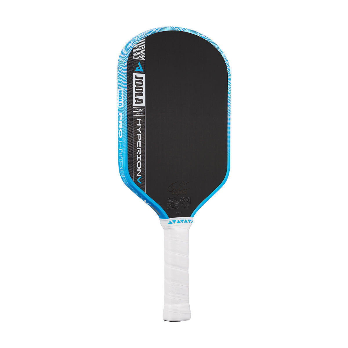 The JOOLA Hyperion Pro V 14mm Ben Johns Bolt Blue Pickleball Paddle, with a black face, blue edge, and white handle grip, stands upright against a plain white background.