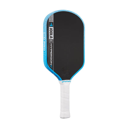 The JOOLA Hyperion Pro V 14mm Ben Johns Bolt Blue Pickleball Paddle, with a black face, blue edge, and white handle grip, stands upright against a plain white background.