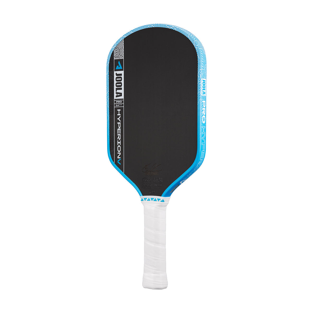 The JOOLA Hyperion Pro V 14mm Ben Johns Bolt Blue Pickleball Paddle in black and blue with a white handle is displayed against a plain white background.