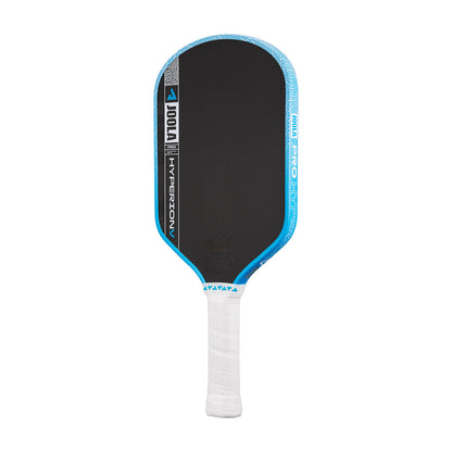 The JOOLA Hyperion Pro V 14mm Ben Johns Bolt Blue Pickleball Paddle in black and blue with a white handle is displayed against a plain white background.