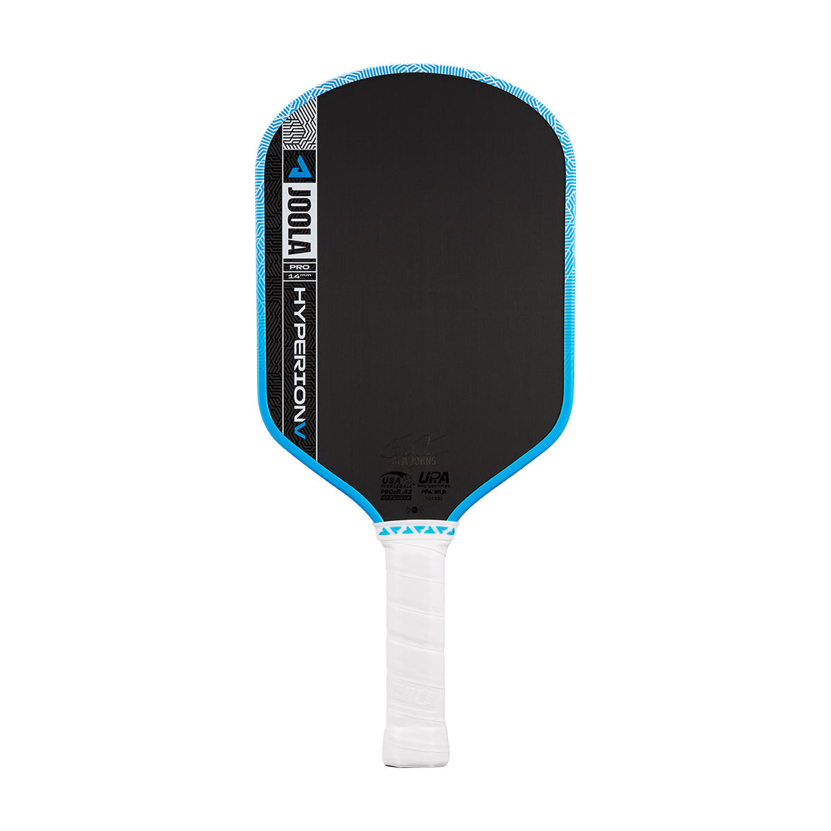 The JOOLA Hyperion Pro V 14mm Ben Johns Bolt Blue Pickleball Paddle features blue trim and a white grip, expertly crafted with carbon fiber technology, and is shown against a white background.