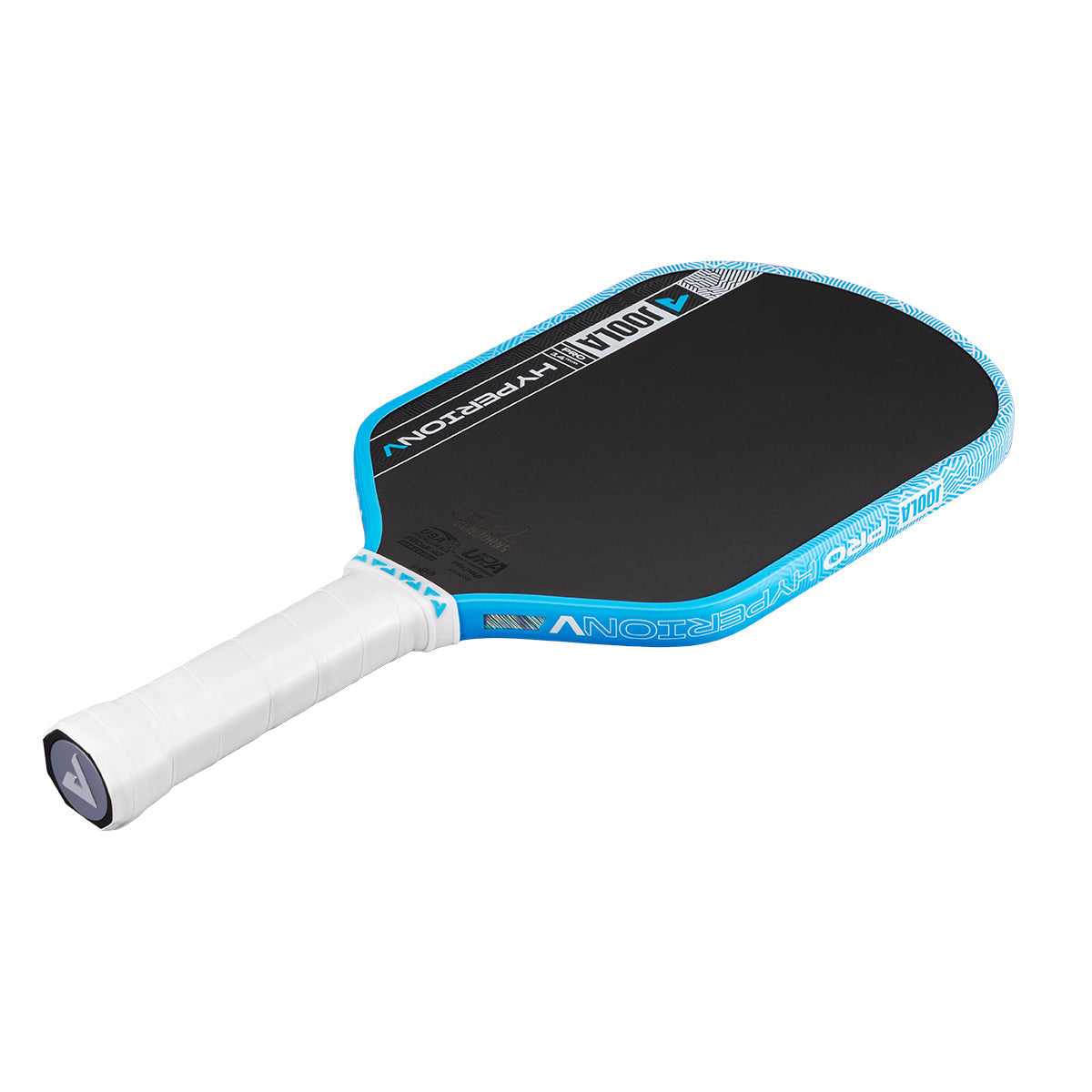 The JOOLA Hyperion Pro V 14mm Ben Johns Bolt Blue Pickleball Paddle features a black and blue design with a white grip, precision engineering for pro-level play, and is shown on a white background.