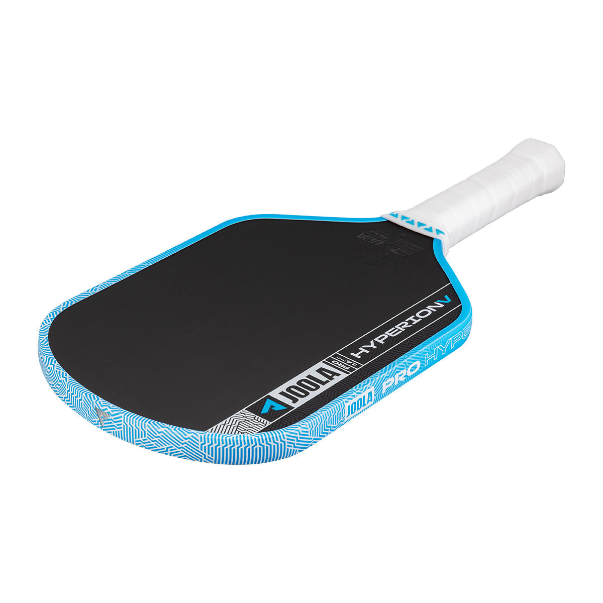 The JOOLA Hyperion Pro V 14mm Ben Johns Bolt Blue Pickleball Paddle features precision engineering, a black surface with blue edges, and a white grip handle, displayed on a white background.
