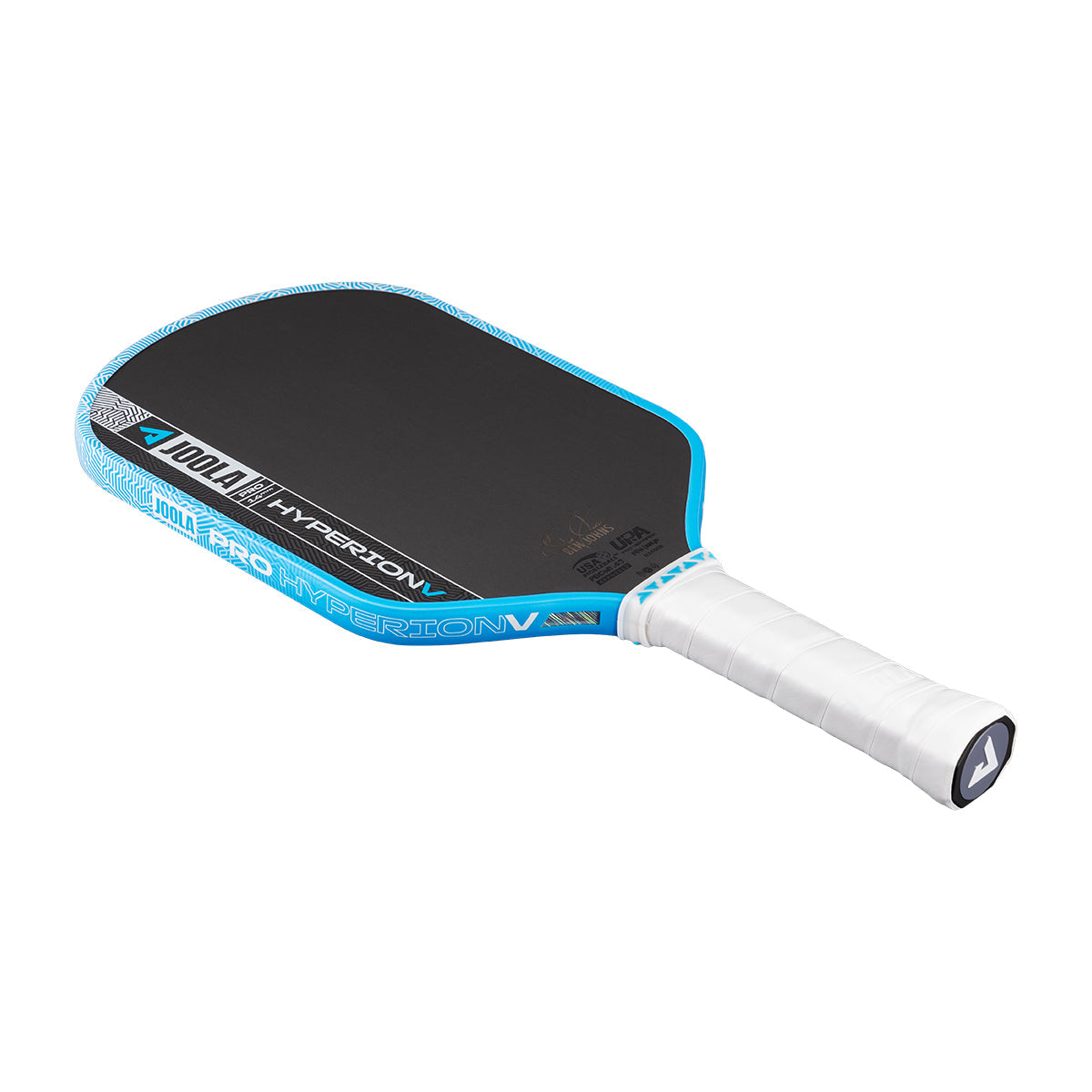 The JOOLA Hyperion Pro V 14mm Ben Johns Bolt Blue Pickleball Paddle features a blue and black design with a white grip and "JOOLA" branding, engineered for professional-level performance with precision technology.