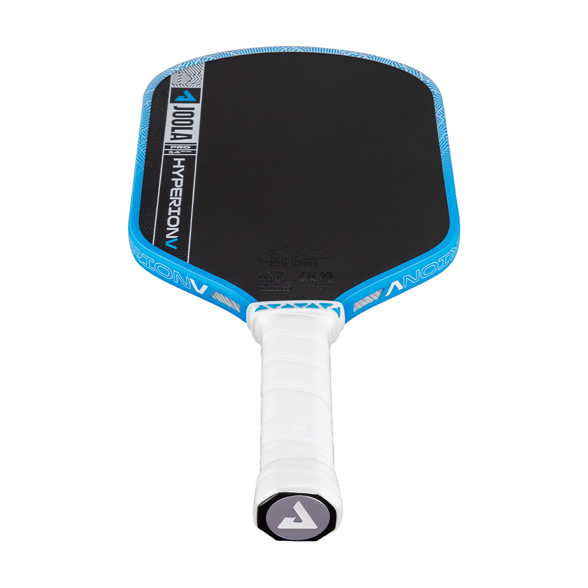 The JOOLA Hyperion Pro V 14mm Ben Johns Bolt Blue Pickleball Paddle, in black and blue with a white handle, showcases precision engineering and carbon fiber technology, displayed facing upward against a white background.