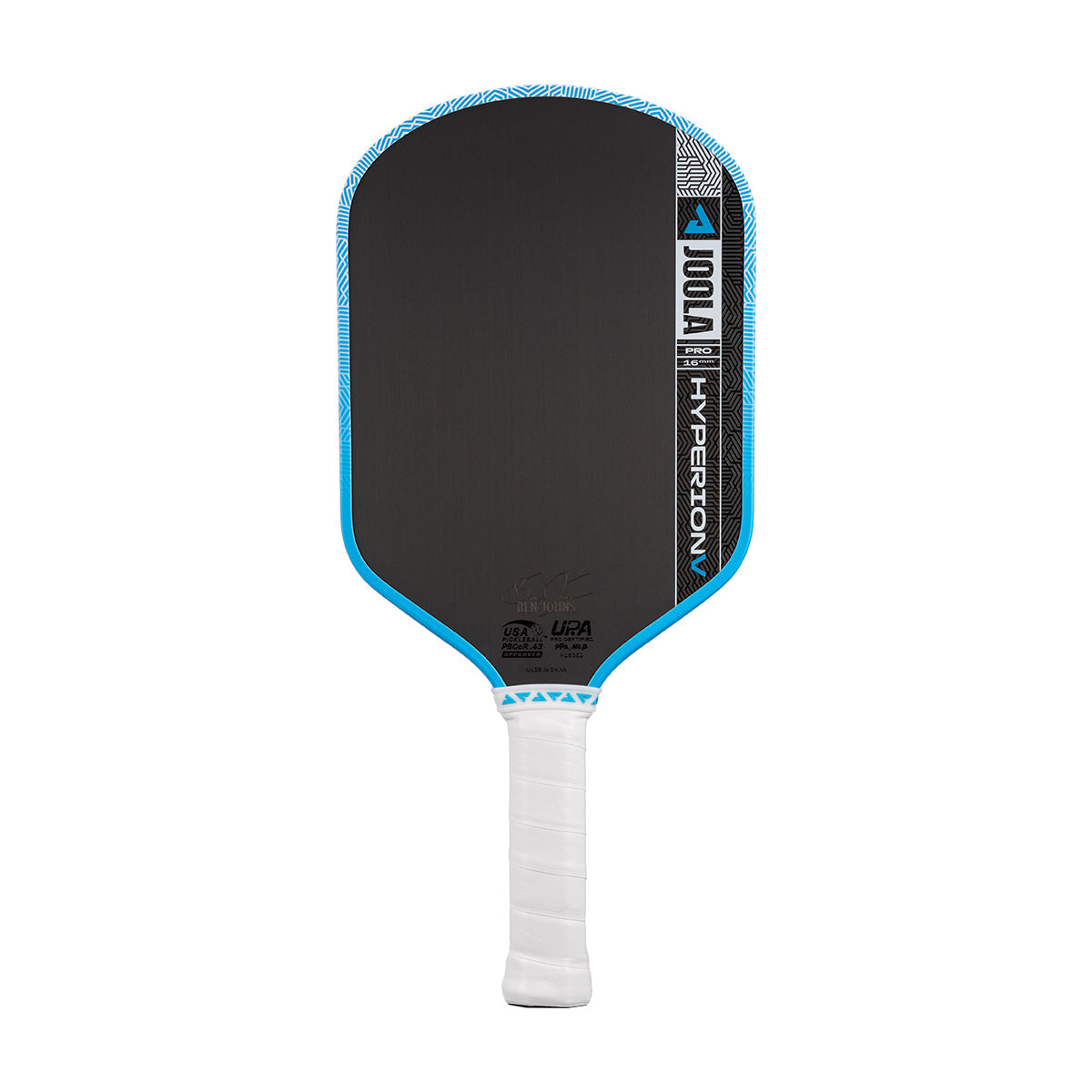 The JOOLA Hyperion Pro V 16mm Ben Johns Bolt Blue Pickleball Paddle features a black and blue face with "JOOLA" branding, a white handle, and advanced carbon fiber technology for professional-level play.